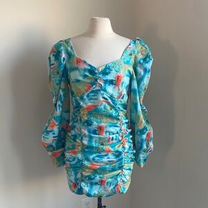 SHEIN Ruched Dress Womens Sz Large Multicolor Blue Orange Sweetheart